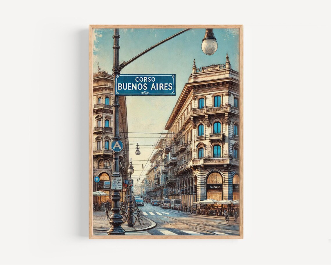 Corso Buenos Aires Milan Italy Vintage Street Scene Travel Poster