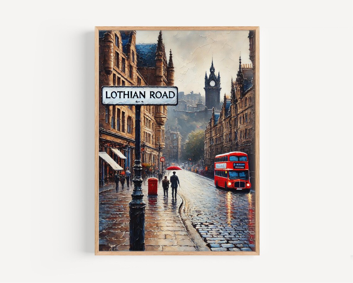 Lothian Road Edinburgh Rainy Street Red Bus Vintage Painting Poster