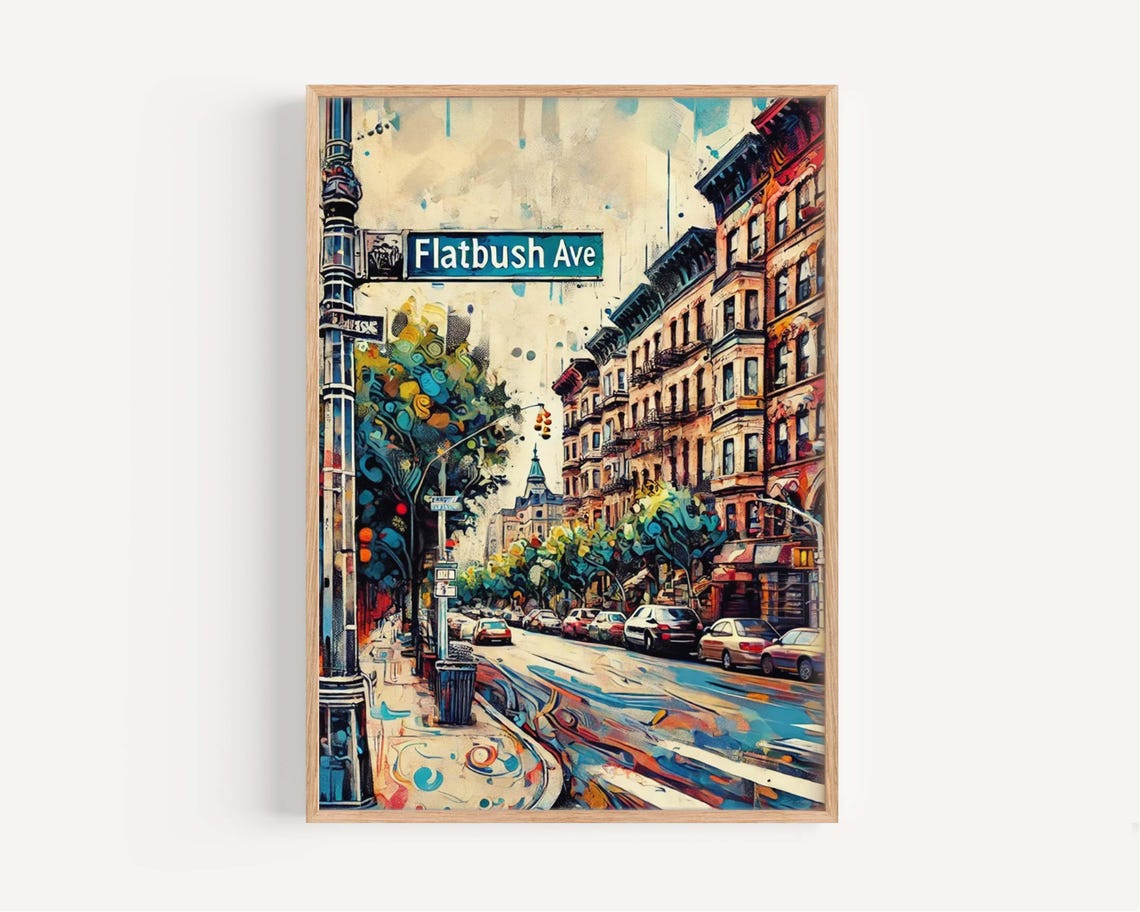 Flatbush Ave Brooklyn NYC Brownstone Street Scene Urban Art Print