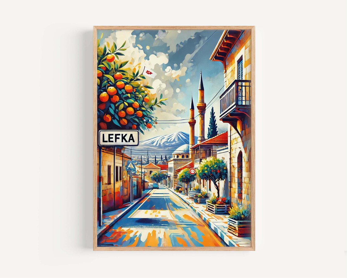 Lefka Cyprus Minaret Street Orange Trees Mountain View Poster