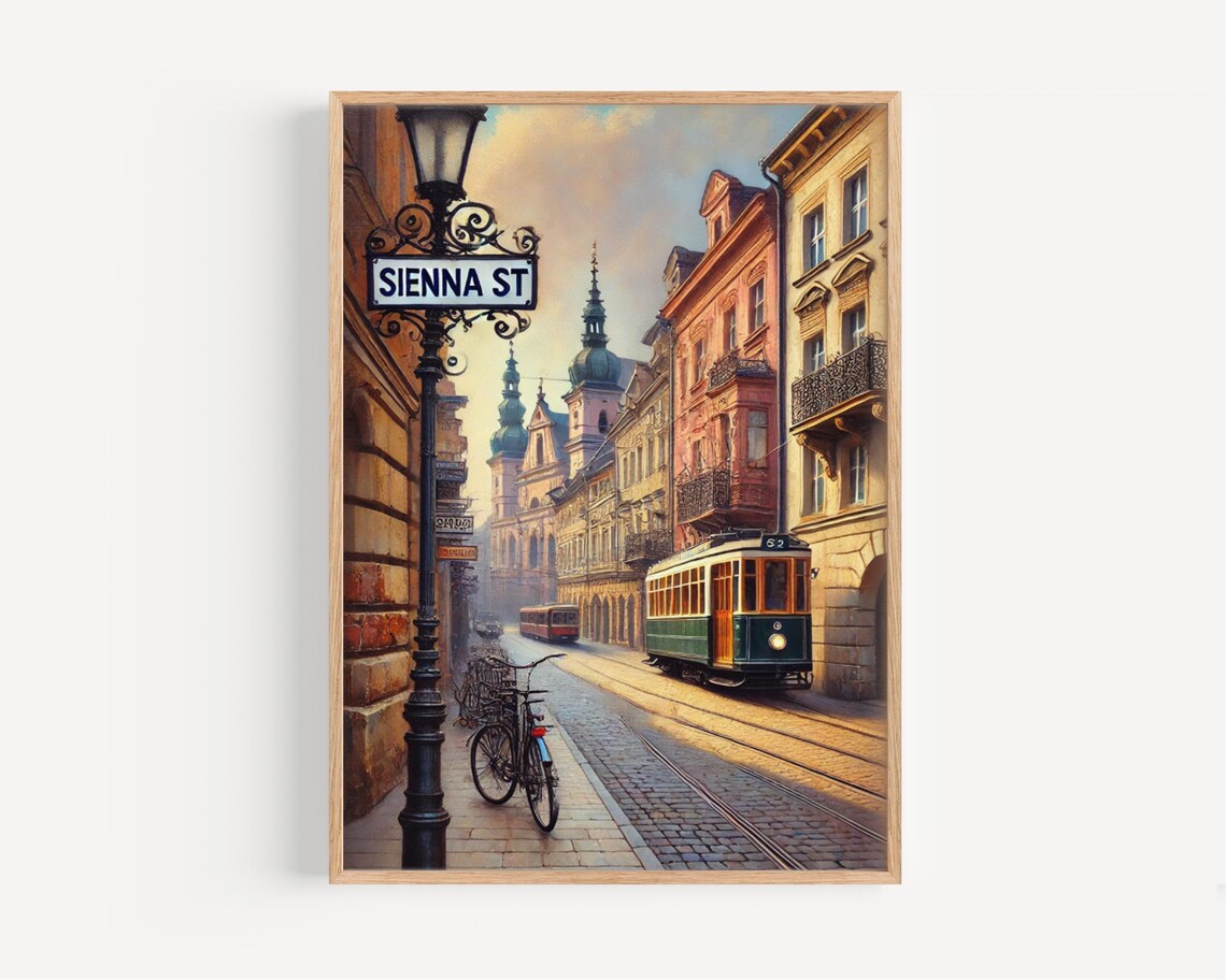 Sienna St Vintage Tram European Old Town Street Scene Poster