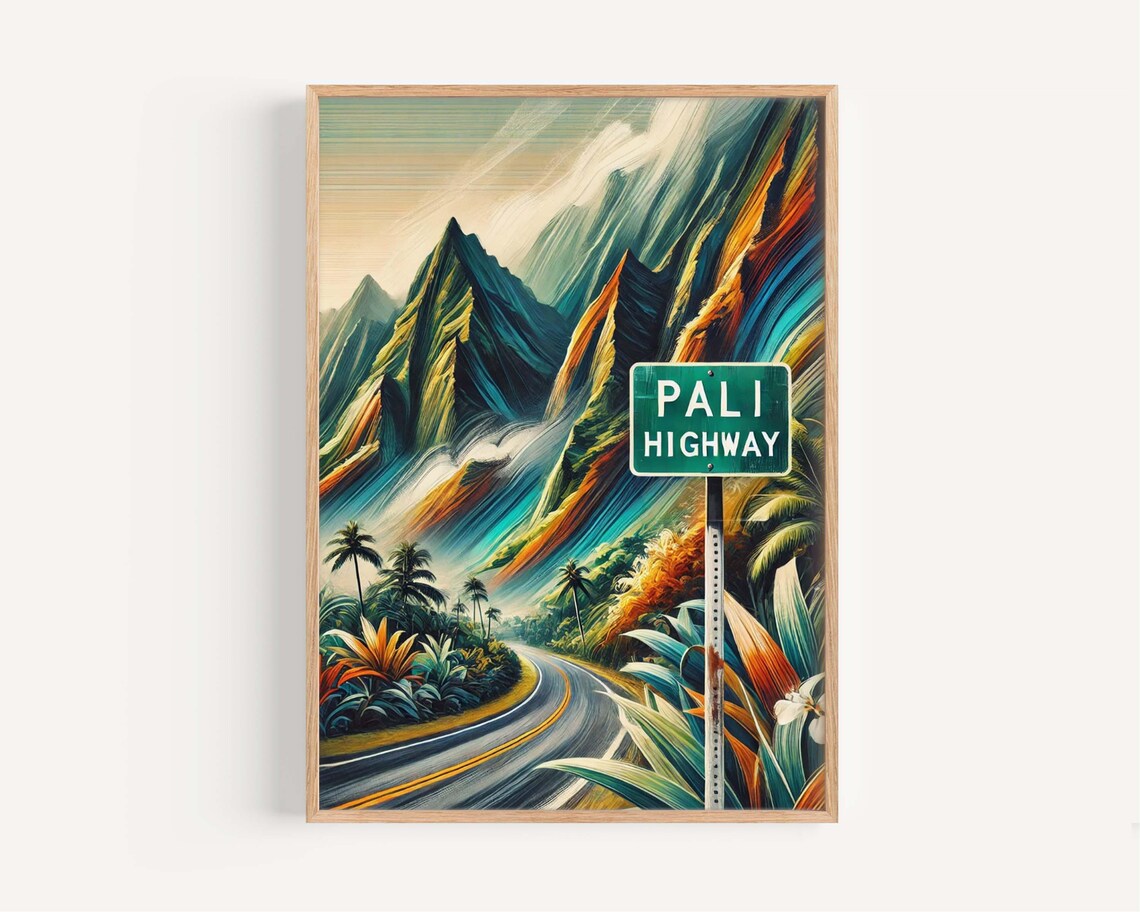 Pali Highway Oahu Hawaii Mountain Road Scenic Vintage Travel Poster