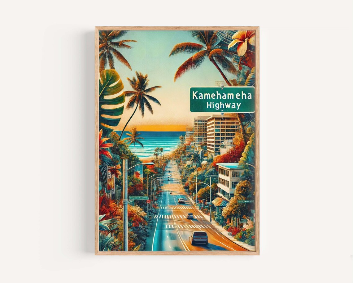 Kamehameha Highway Oahu Hawaii Coastal Road Vintage Travel Poster