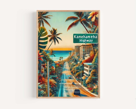 Kamehameha Highway Oahu Hawaii Coastal Road Vintage Travel Poster