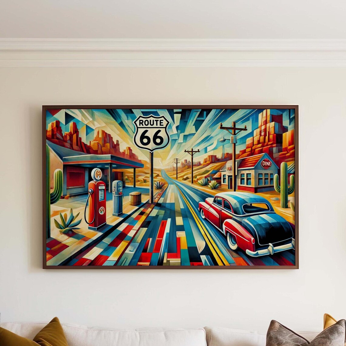 Route 66 Desert Road Cubist Classic Car Vintage Travel Wall Print
