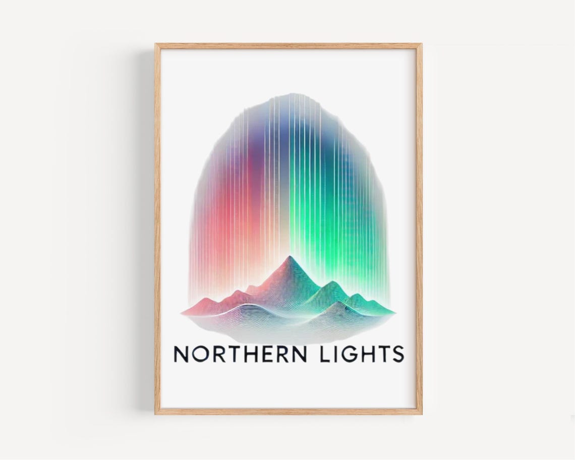 Northern Lights Aurora Borealis Mountains Line Artwork Poster
