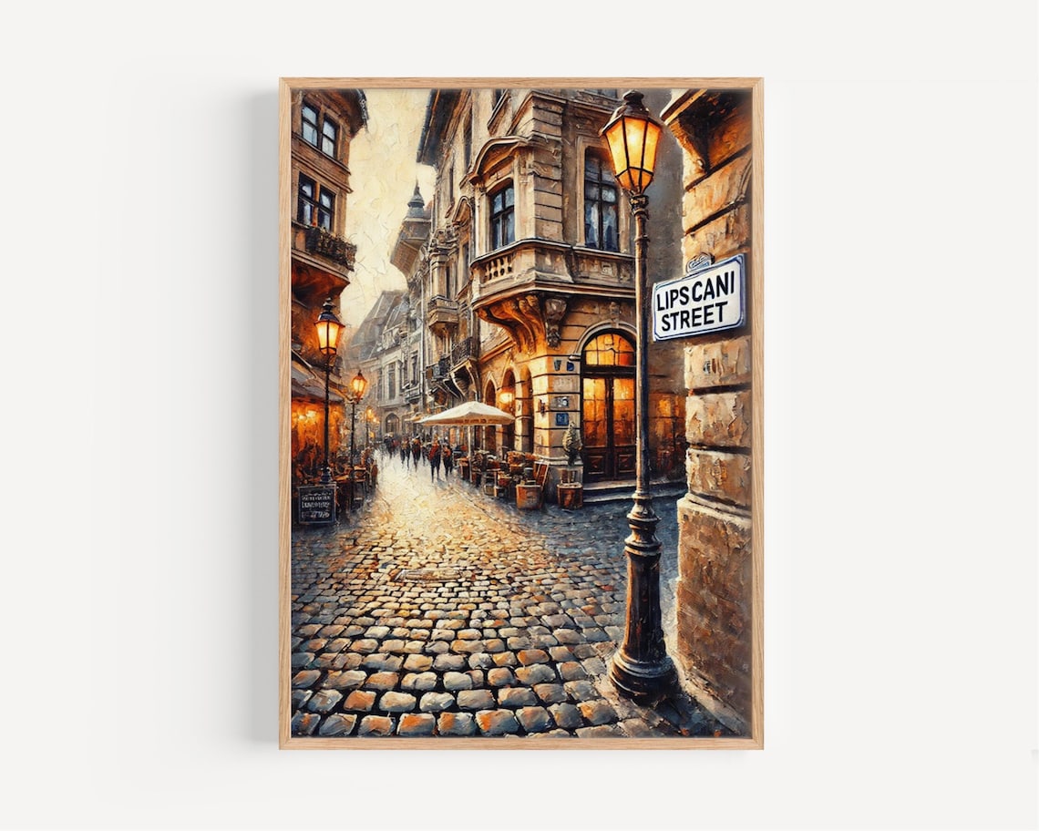 Lipscani Street Bucharest Romania Old Town Cobblestone Dusk Cityscape Poster