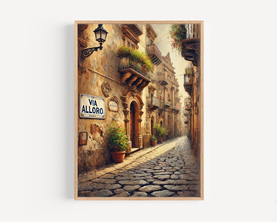 Via Alloro Palermo Sicily Street Sign Watercolor Poster Old Town Alley Art