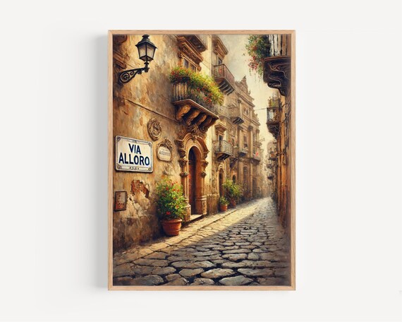 Via Alloro Palermo Sicily Street Sign Watercolor Poster Old Town Alley Art