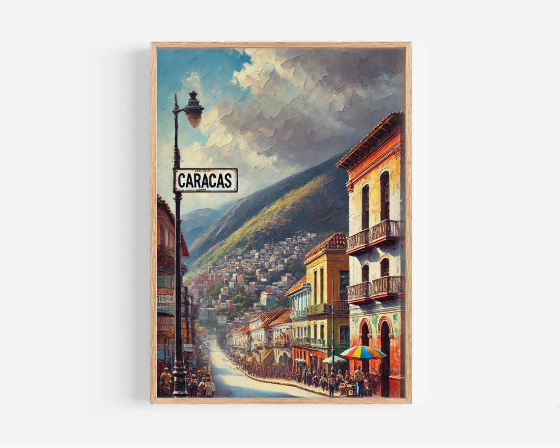 Colorful Caracas Venezuela Mountain Street Colonial Market Travel Poster