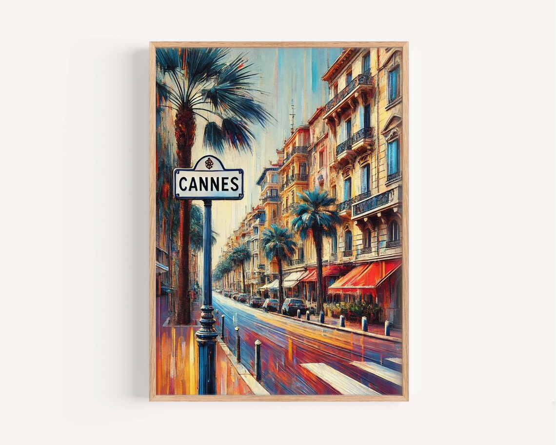 Cannes France Palm Lined Boulevard Vibrant Riviera Travel Poster