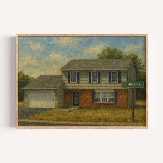 Compass Ln Suburban Brick House Oil Painting Vintage Home Decor Poster
