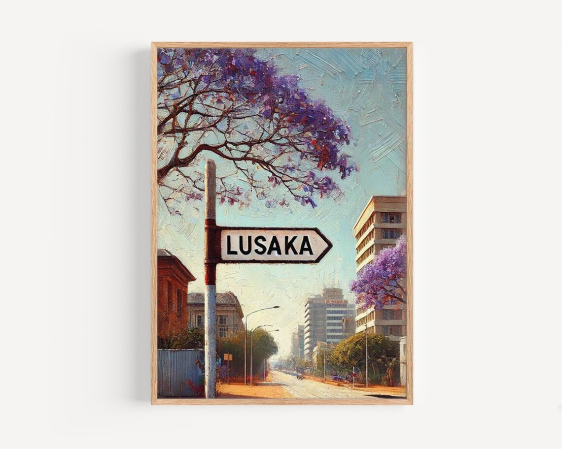 Lusaka Zambia Street Scene Jacaranda Vintage Travel Illustration Print