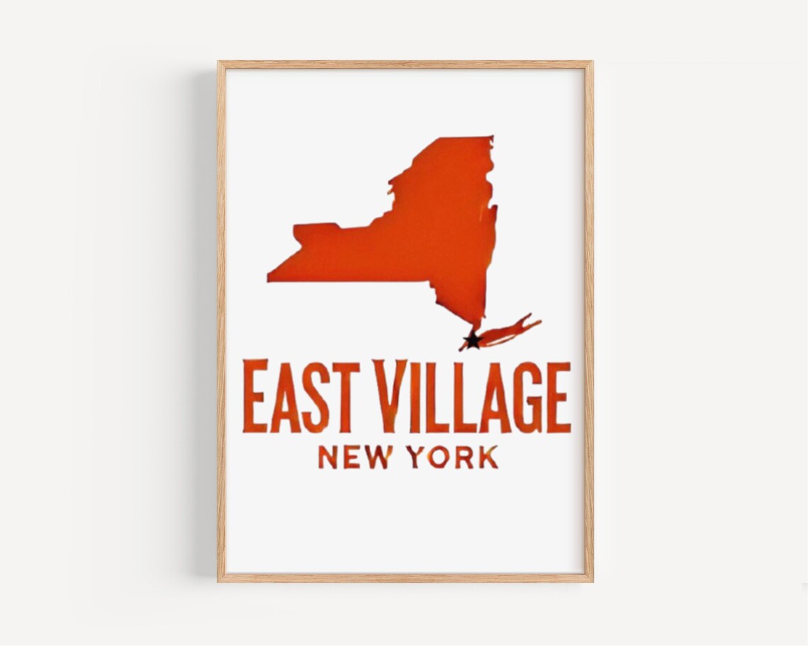 East Village New York Orange State Silhouette Star Map Art Poster