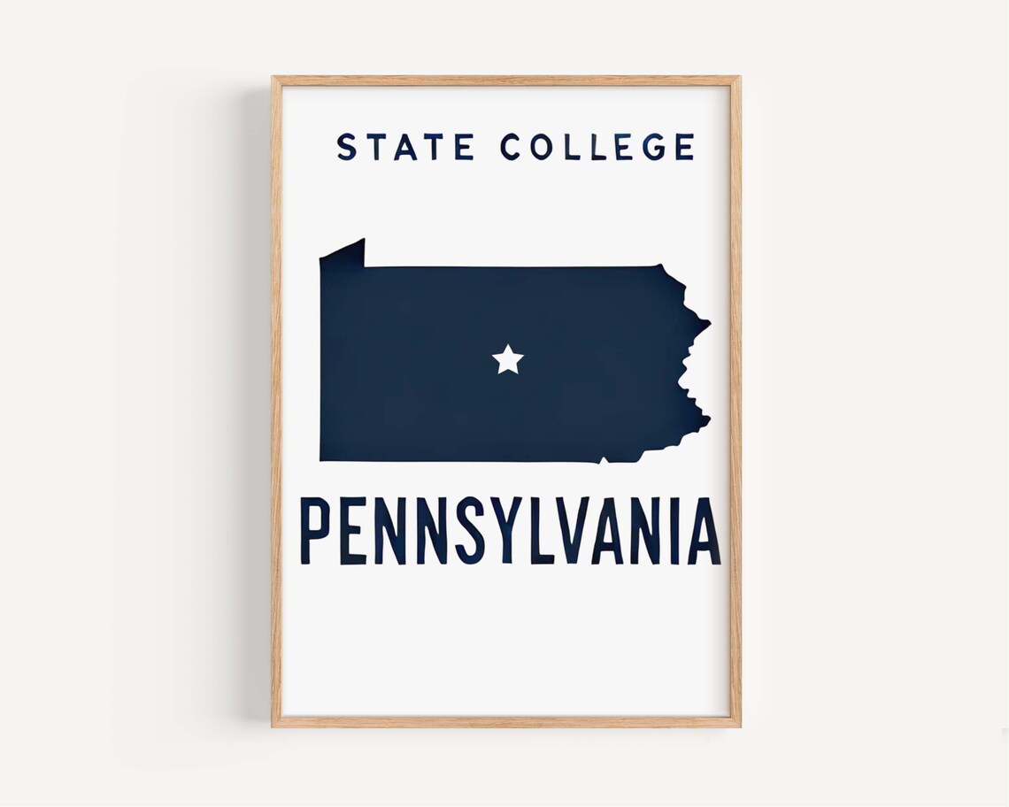 State College Pennsylvania Navy Map Silhouette Star College Poster
