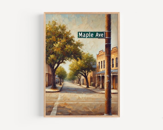 Maple Ave Small Town Street Sign Vintage Oil Painting Poster
