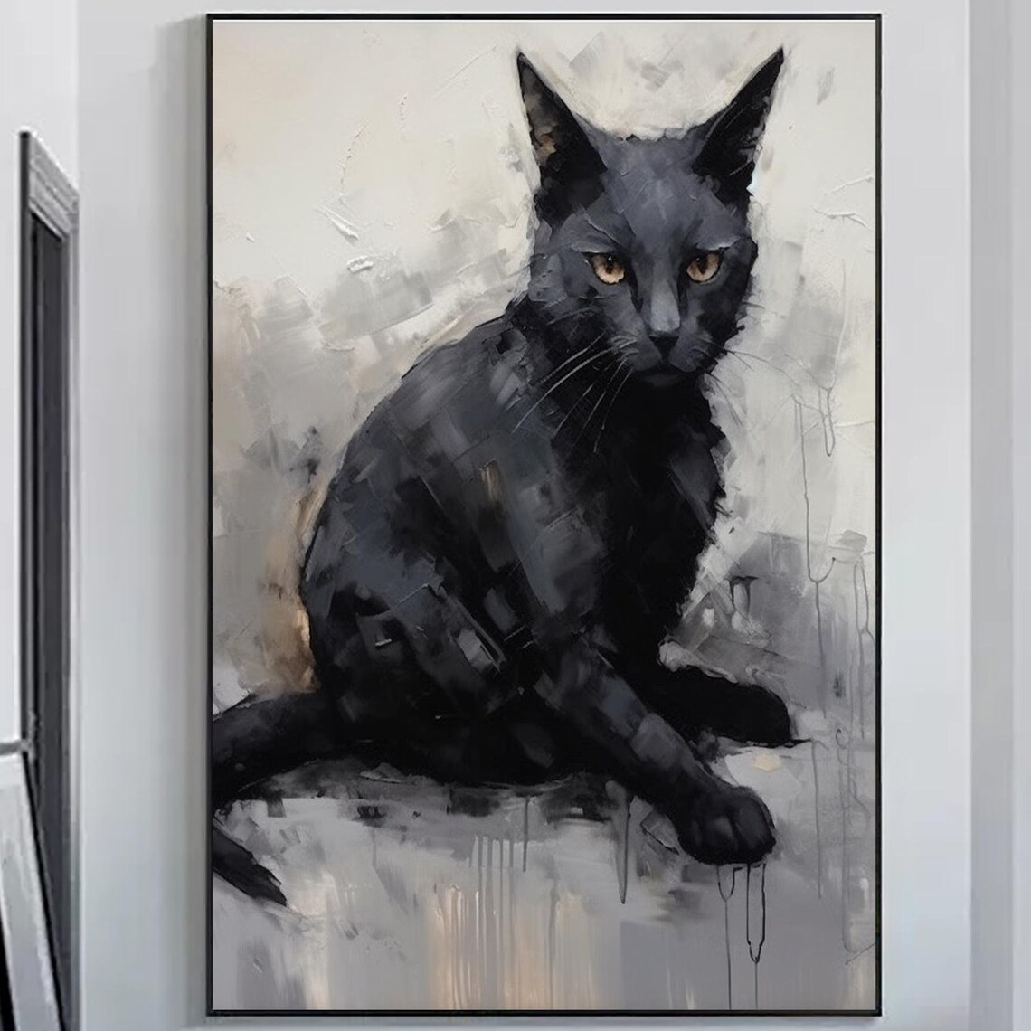 Black Cat Amber Eyes Sitting Full Body Oil Painting Pet Portrait Poster - Image 2