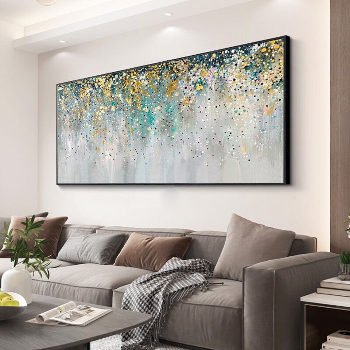 Abstract Colorful Confetti Dots Over Teal Gray Canvas Poster - Image 5