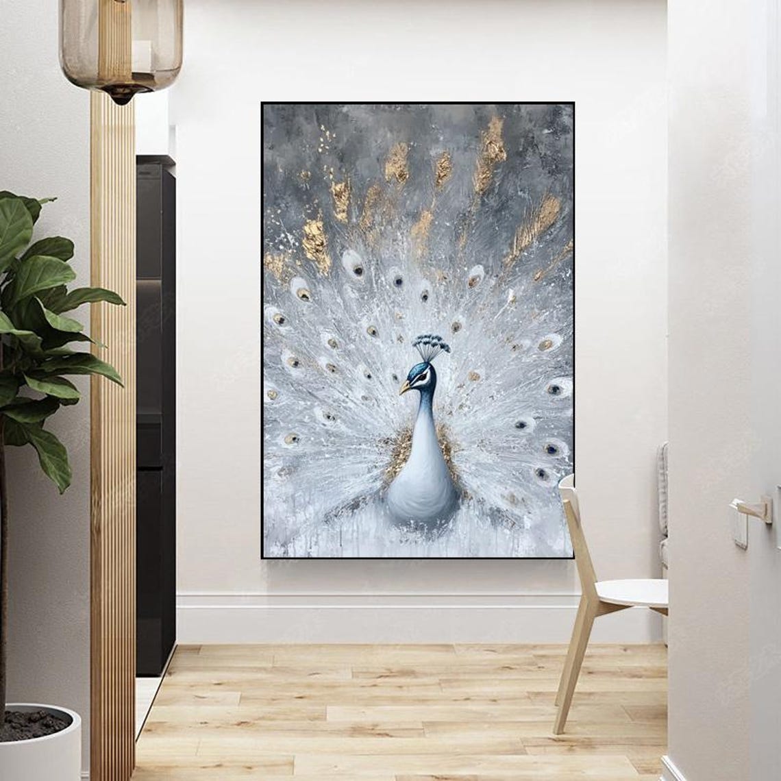 White Peacock With Gold Feathers Grey Elegant Bird Painting Poster - Image 2