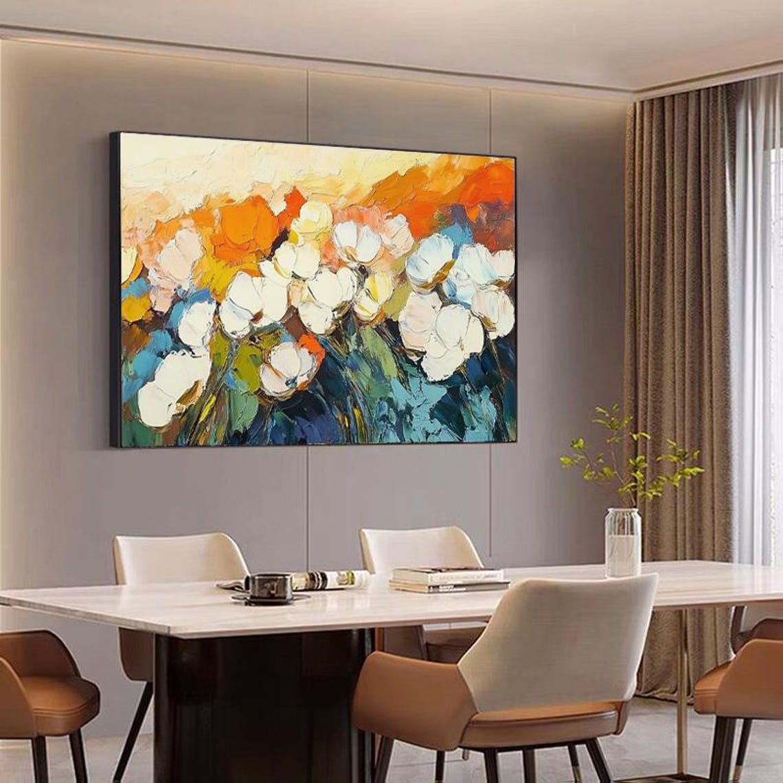 White Anemone Flowers Over Orange Blue Abstract Thick Paint Art Poster - Image 4
