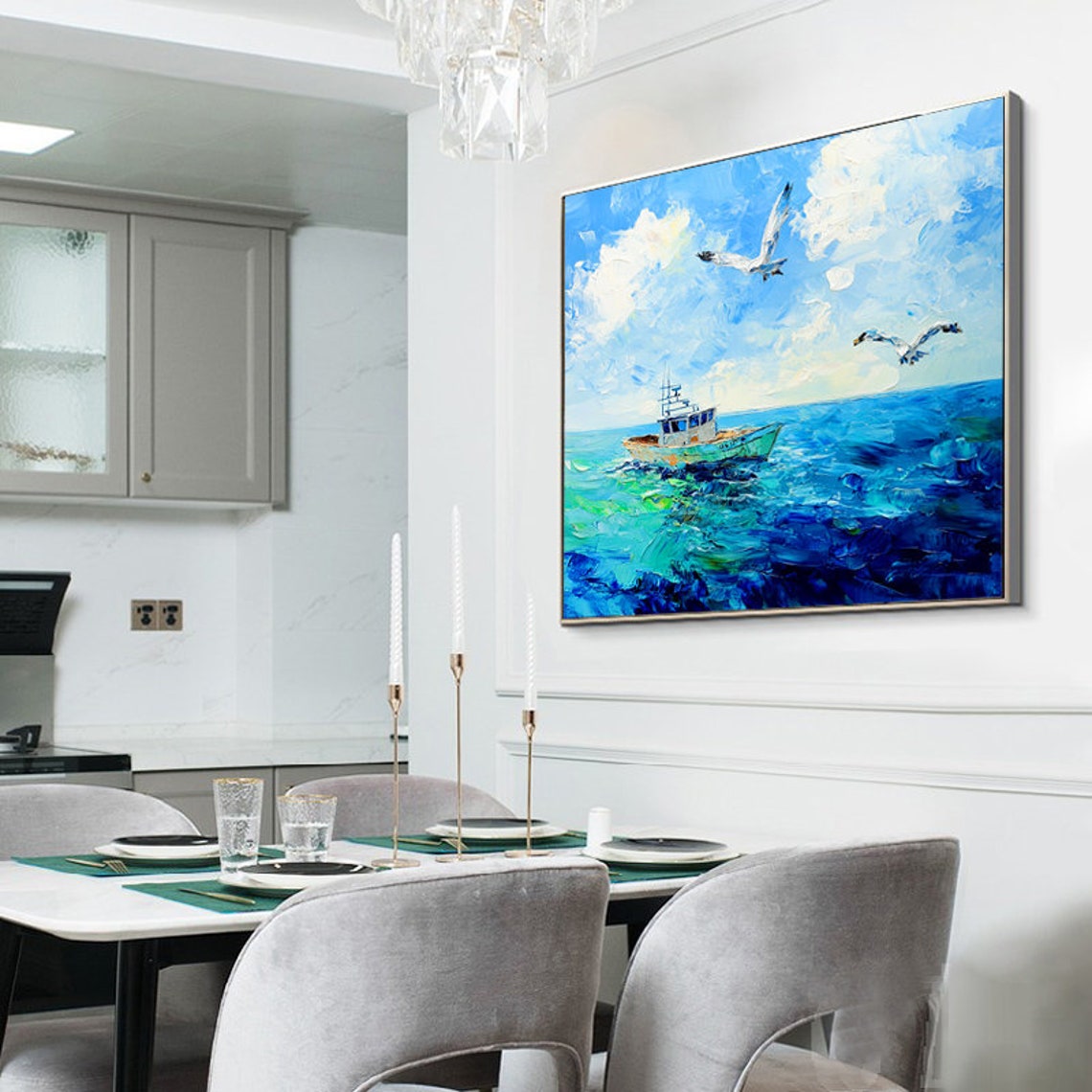 Fishing Boat and Seagulls on a Bright Blue Ocean Coastal Poster - Image 3