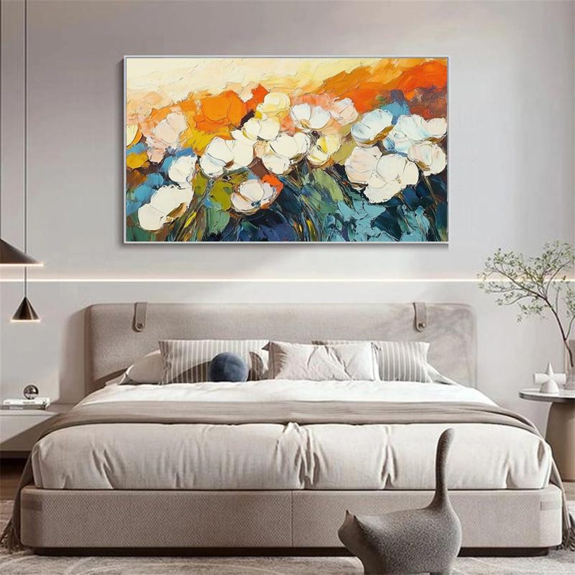 White Anemone Flowers Over Orange Blue Abstract Thick Paint Art Poster - Image 2