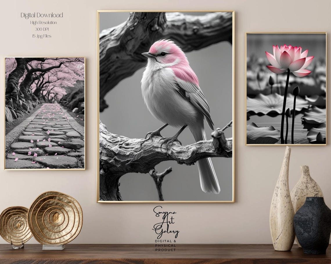 Pink Cherry Blossom Bird Lotus Set of Three Nature Photo Poster