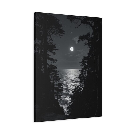 Moonlit Ocean Night Sea Black White Coastal Photography Poster