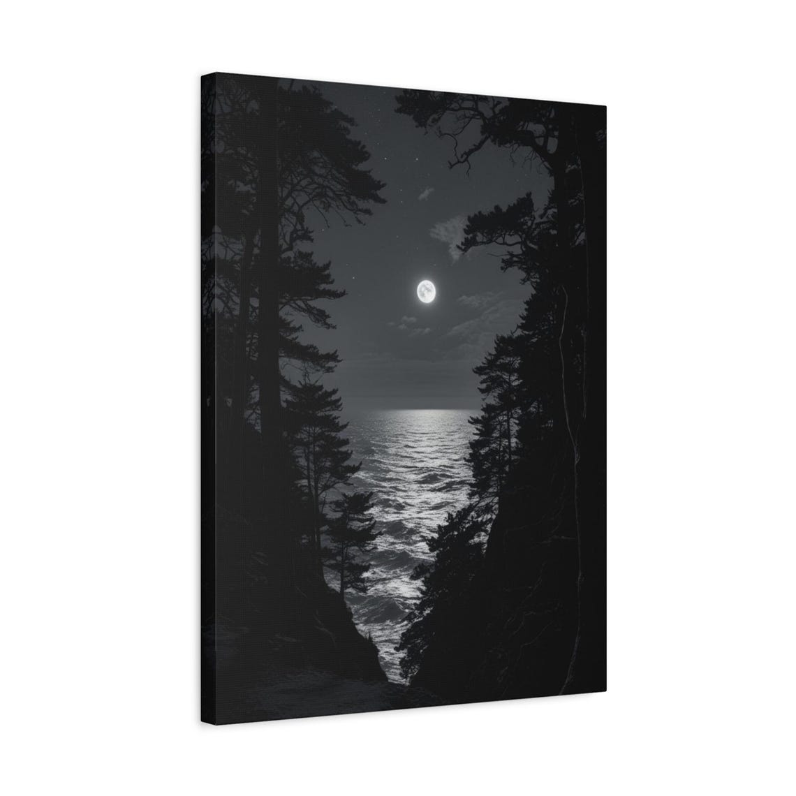 Moonlit Ocean Night Sea Black White Coastal Photography Poster
