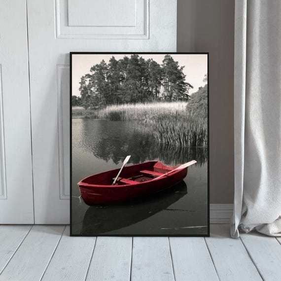 Red Rowboat Wall Art Minimalist Nature Print With Monochrome Lake And Trees Tranquil Landscape Poster For Rustic Decor