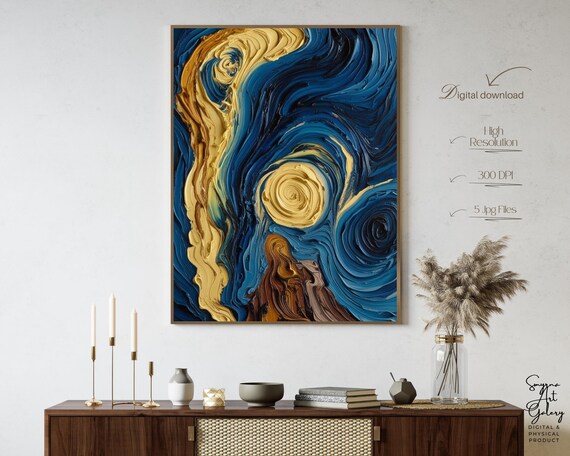 Starry Night Inspired Art Print Blue Yellow Swirl Sky