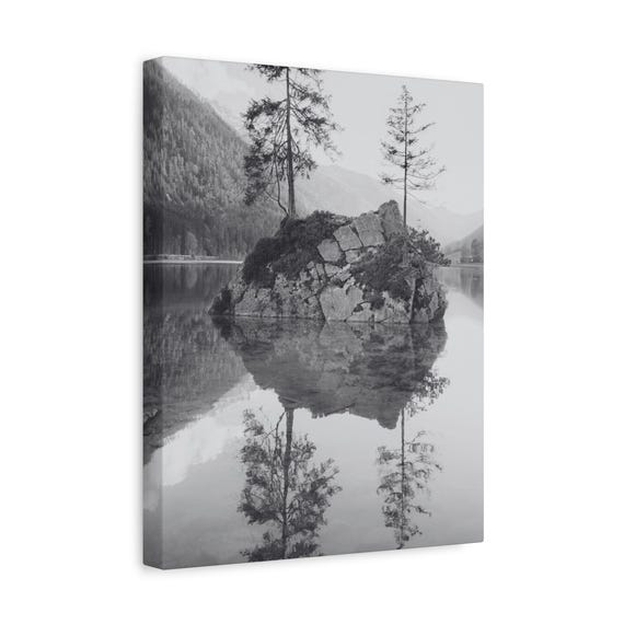 Twin Trees On Reflected Lake Black And White Minimalist Wall Art Print Matte Archival Poster Nature Calm Decor Two