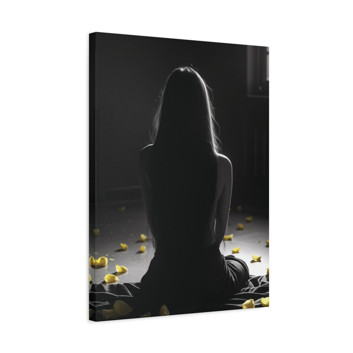 Woman Silhouette Yellow Petals Dark Selective Color Photo Art Poster