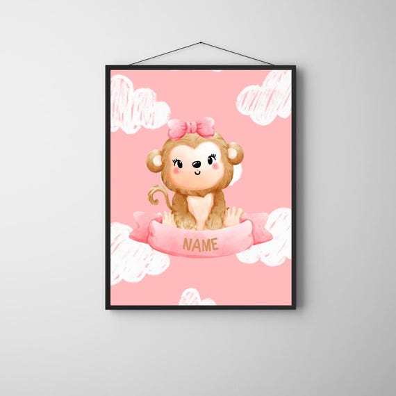 Custom Monkey Girl Nursery Wall Art Personalized Baby Name Poster Pink Jungle Animal Cute Safari Room Decor For Kids