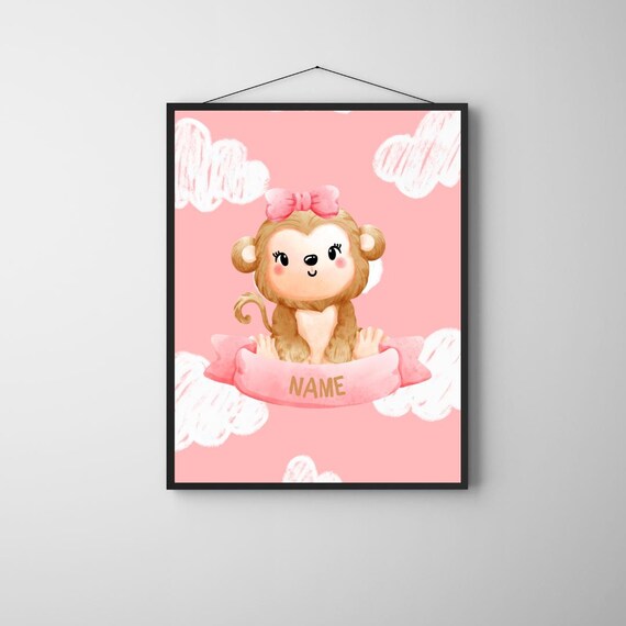 Personalized Pink Monkey Nursery Poster Custom Name Bow Jungle Girl Art