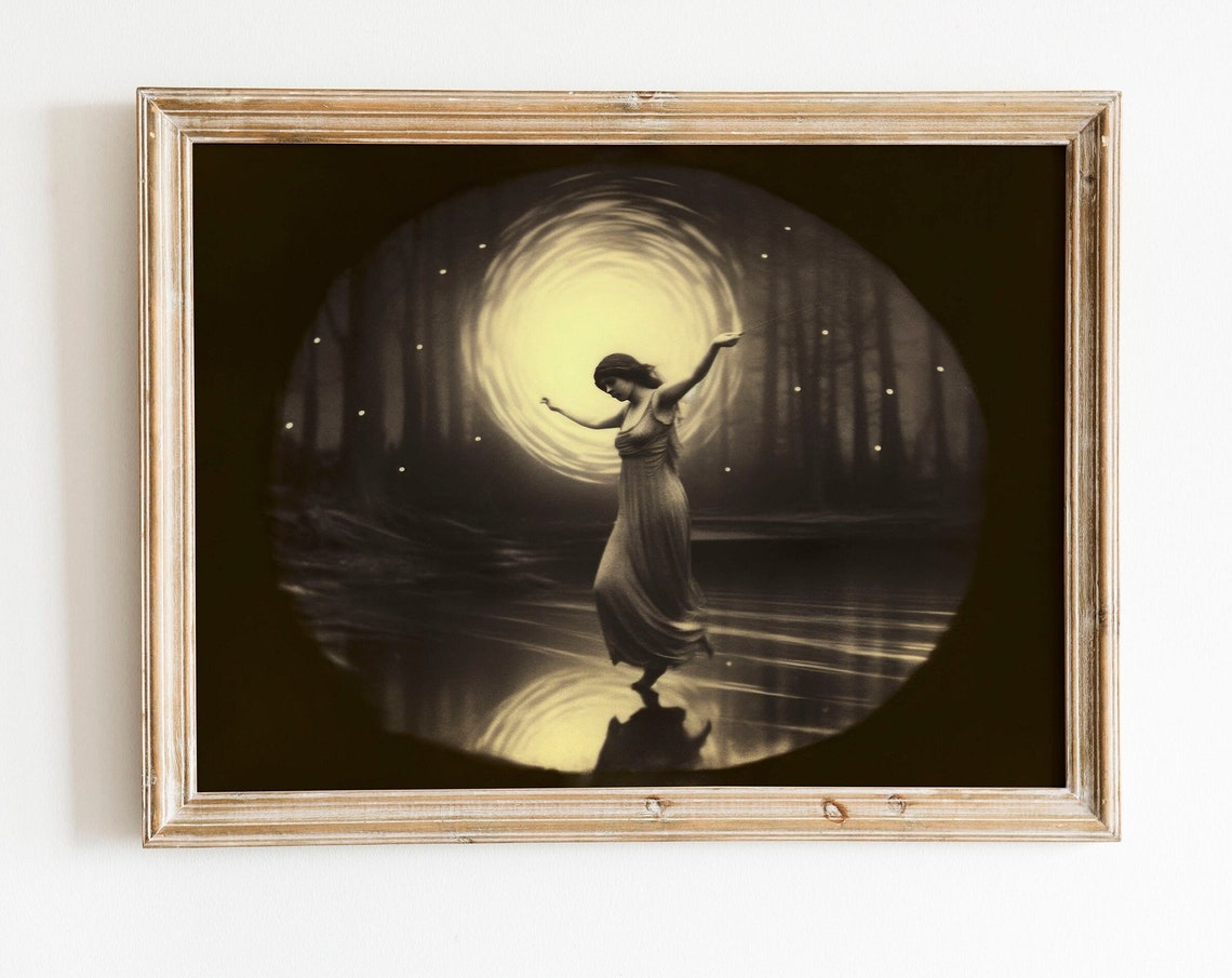 Dancing Woman Moonlit Night Water Reflection Goddess Art Poster