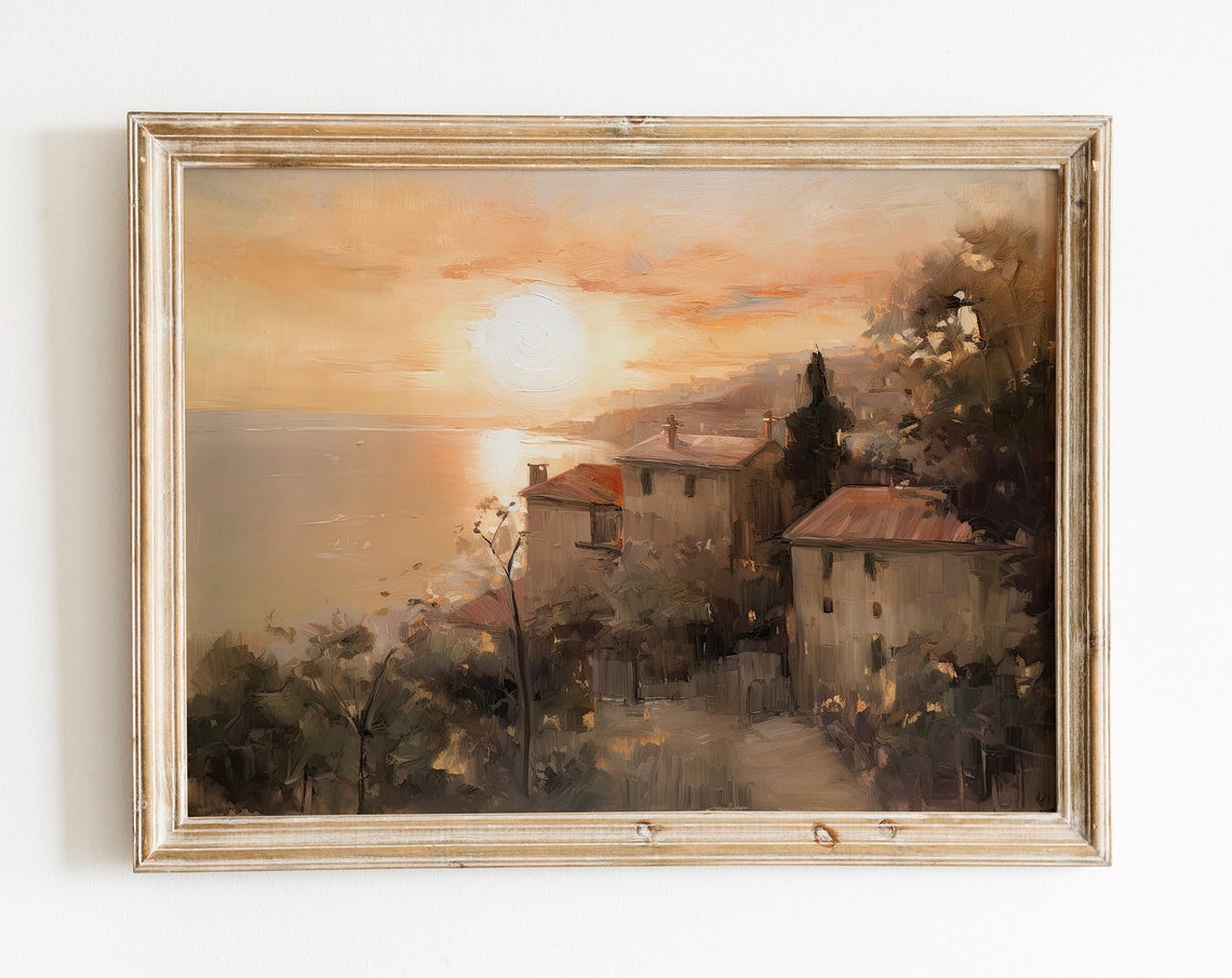 Mediterranean Coast Sunset Seaside Village Golden Hour Art Poster