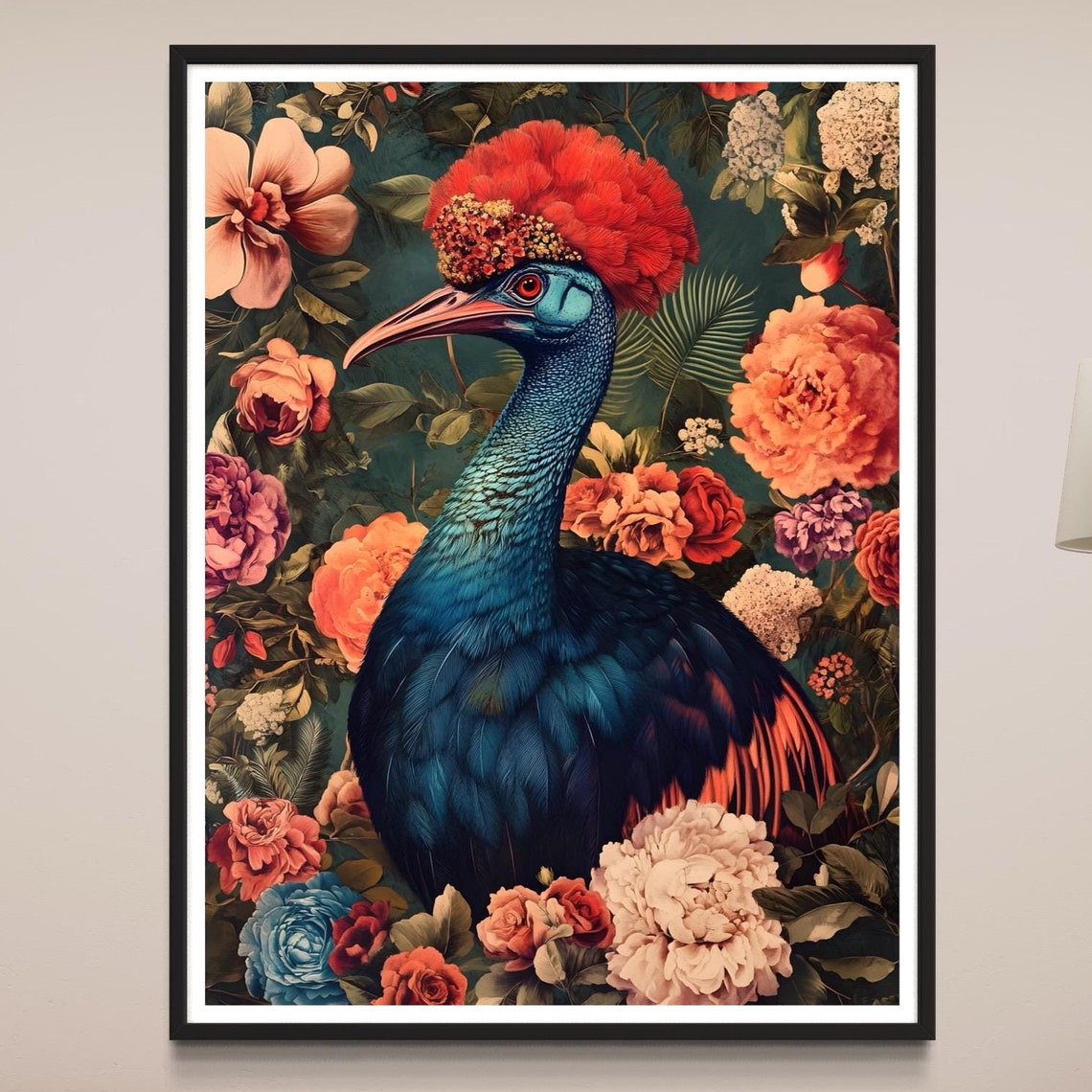 Cassowary Blue Neck Red Crest Tropical Flower Jungle Wildlife Poster