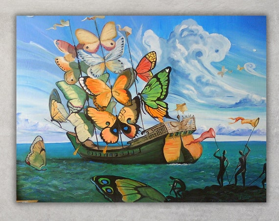 Salvador Dali Poster Reproduction Print Butterfly Ship Wall Art Salvador Dali Butterfly Ship Painting Trendy Modern Wall Decor