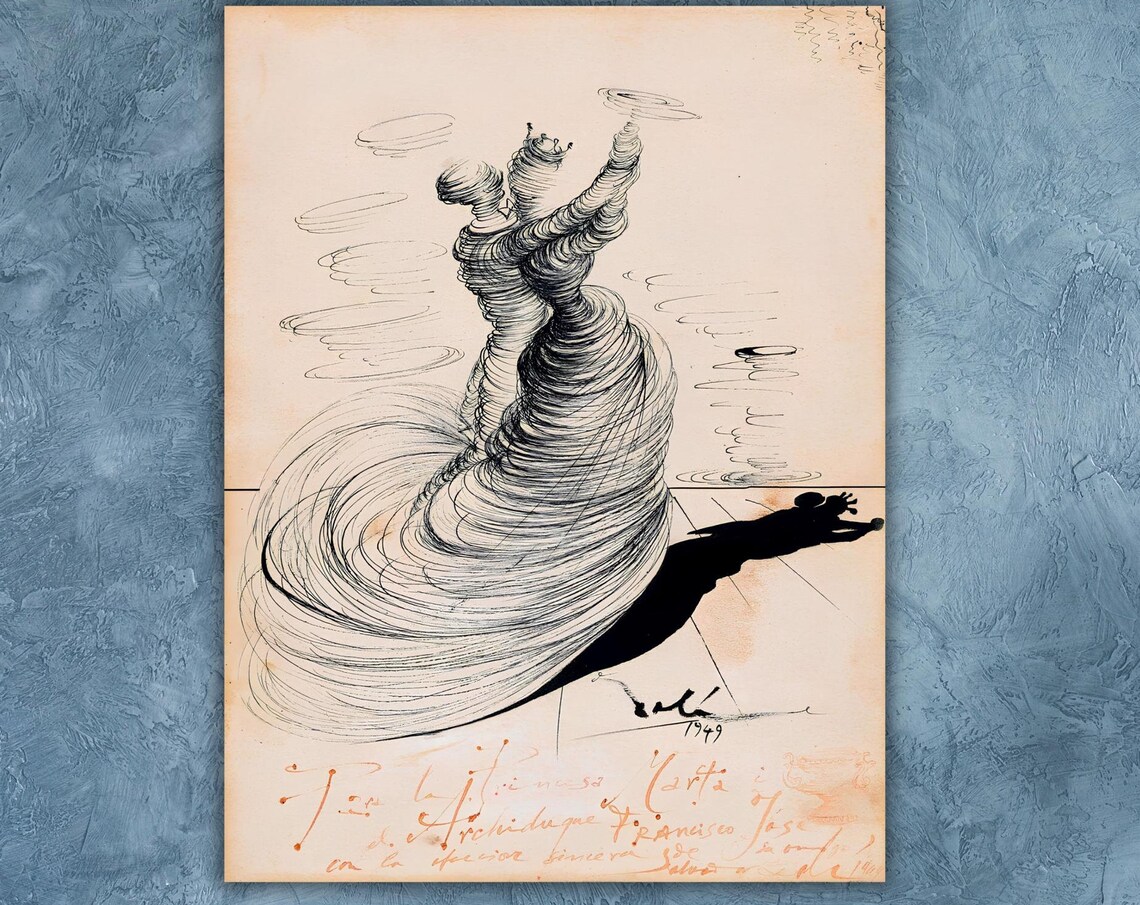 Salvador Dali 1949 Flamenco Dancer Swirling Pen Sketch Art Poster