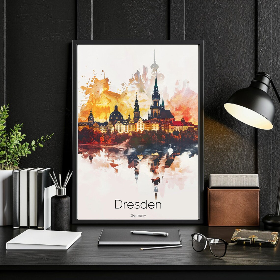 Dresden Germany Frauenkirche Sunset Watercolor Skyline Travel Poster