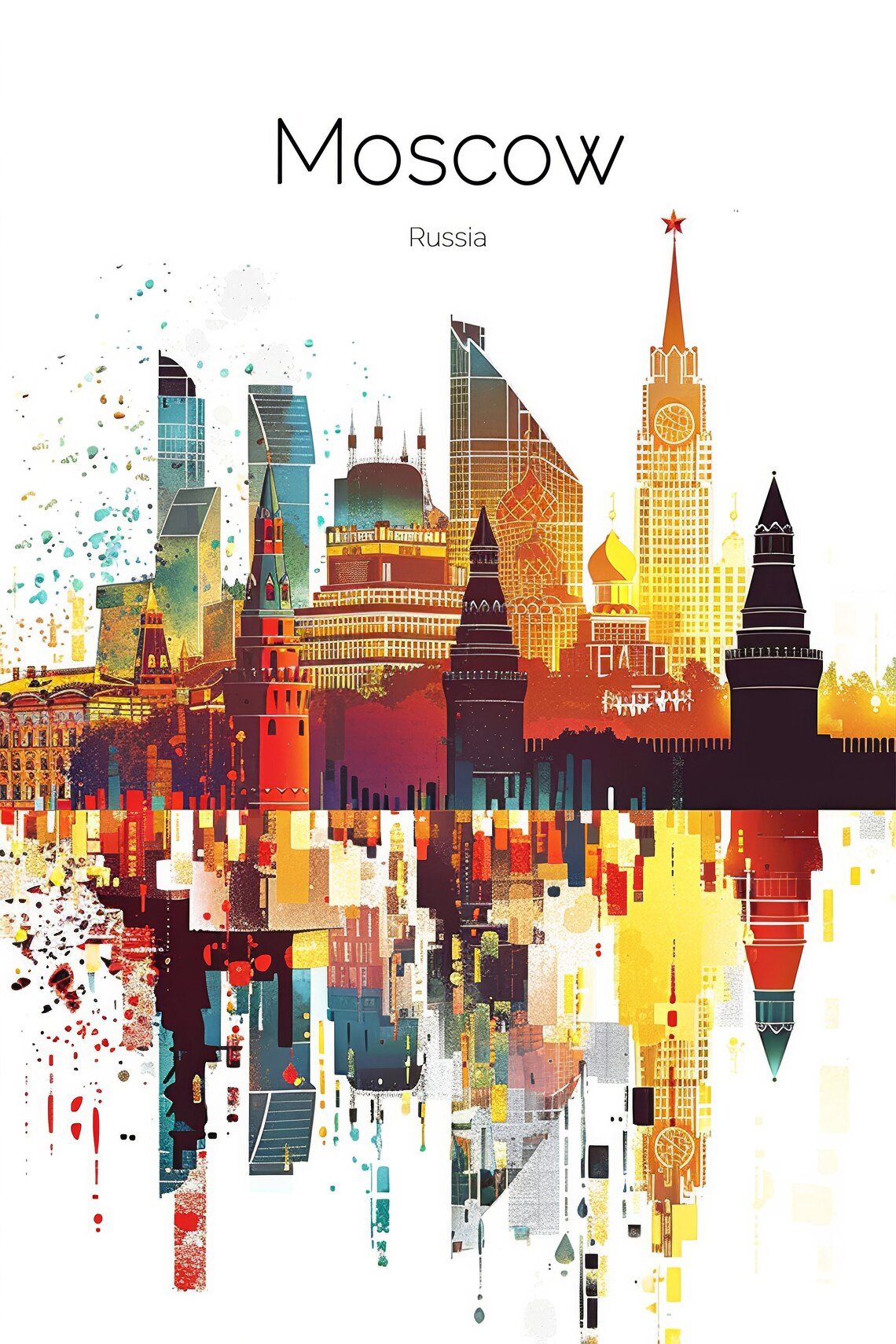 Moscow Russia Kremlin Towers Vibrant Watercolor Skyline Travel Poster - Image 2