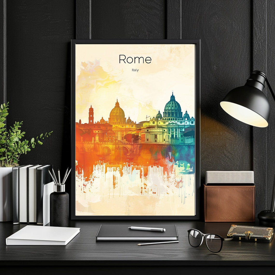 Rome Italy Watercolor Skyline St Peter Dome Vatican Sunset Poster