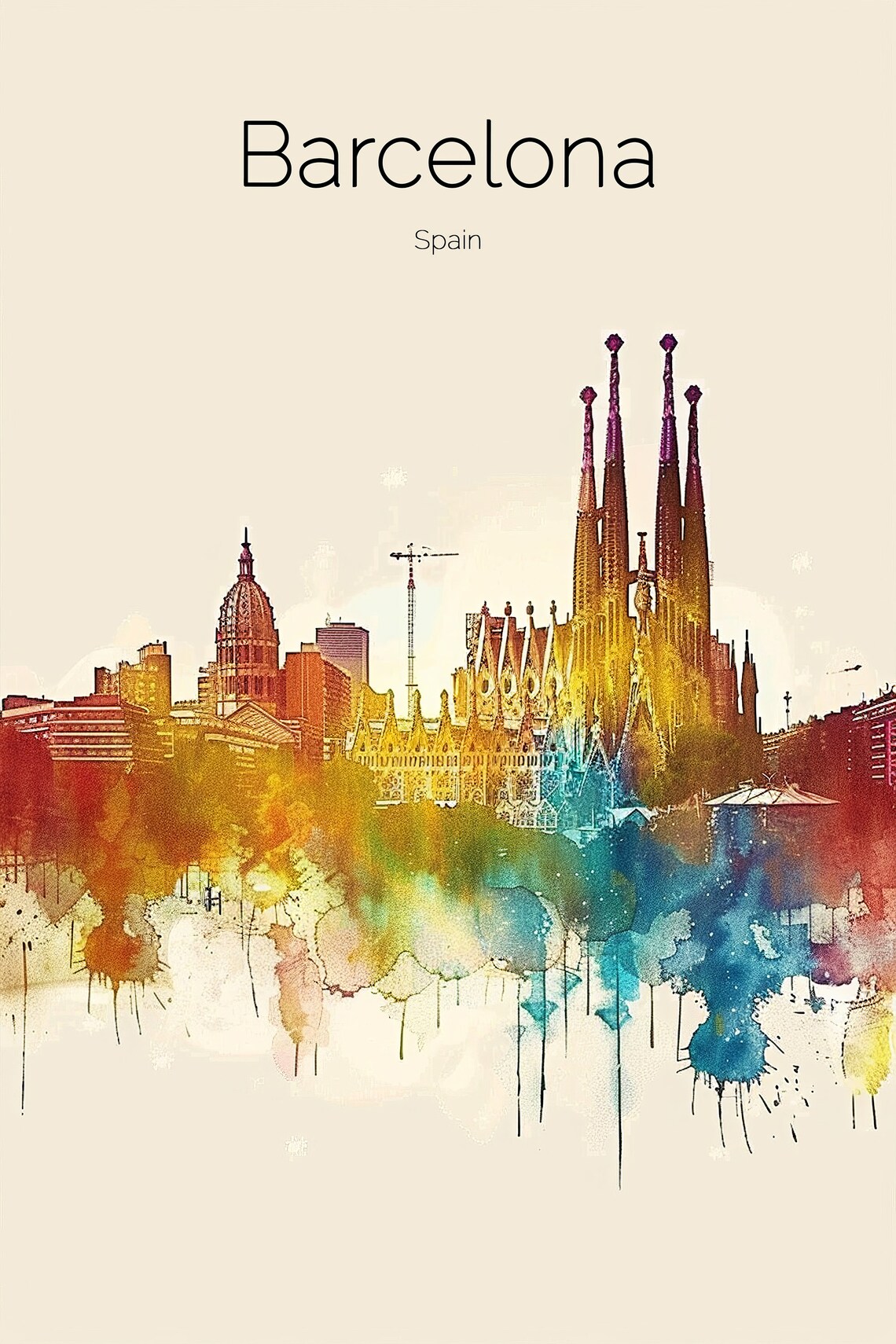 Barcelona Spain Sagrada Familia Skyline Watercolor Travel Poster - Image 2