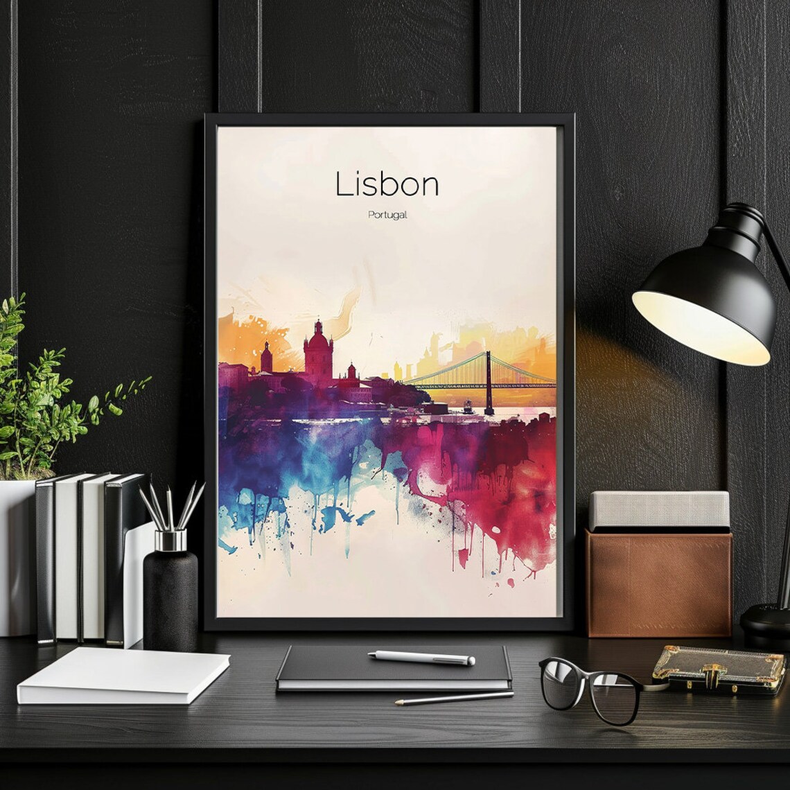 Lisbon Portugal Watercolor Skyline Bridge River Sunset Art Poster