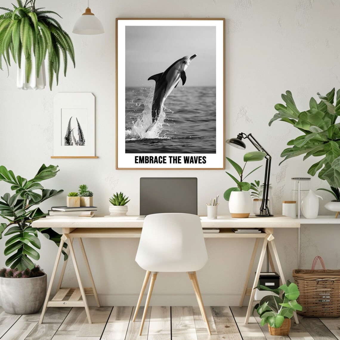 Embrace The Waves Dolphin Leaping Ocean Black And White Photo Poster