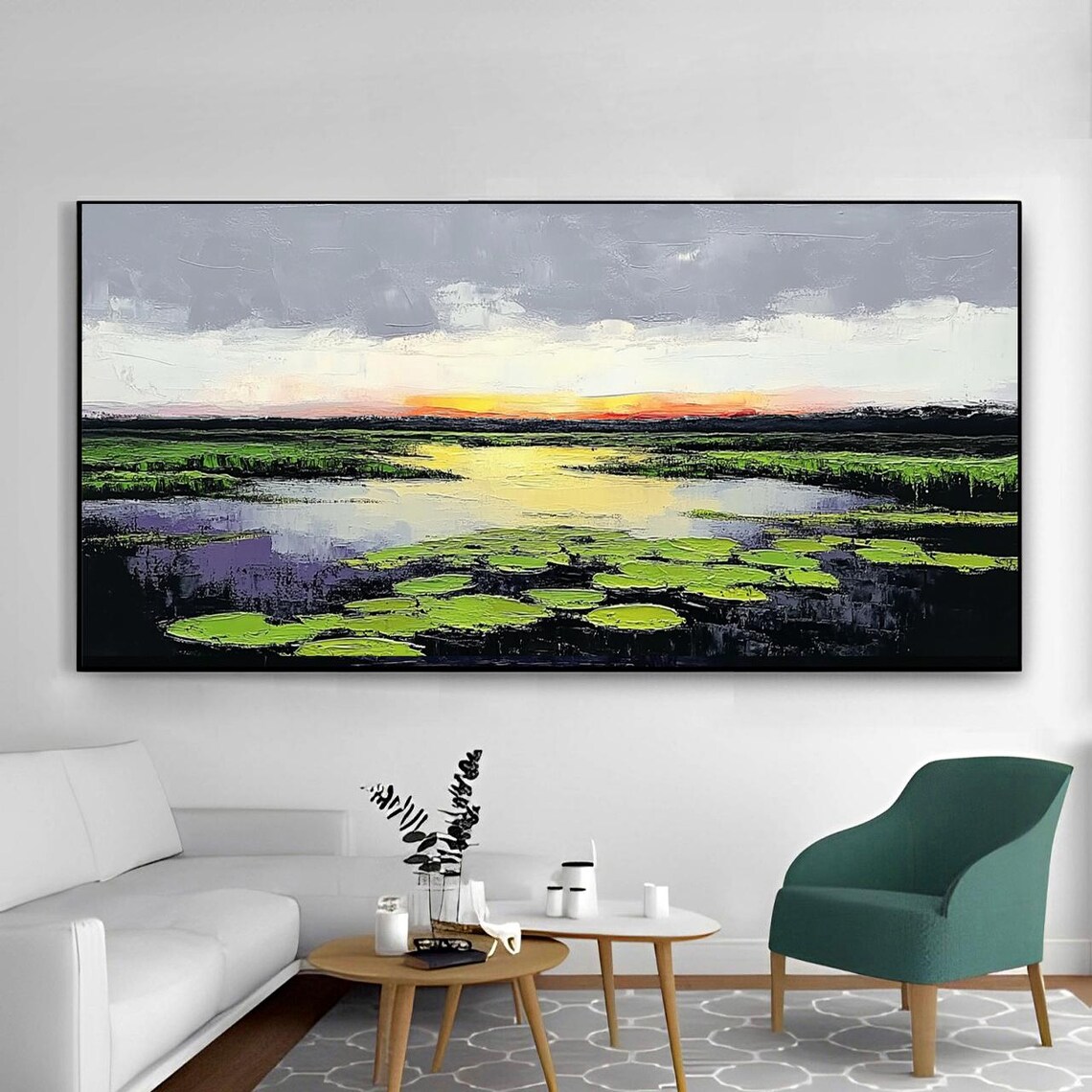 Tranquil Wetland Lake at Golden Sunset With Green Lily Pads Poster