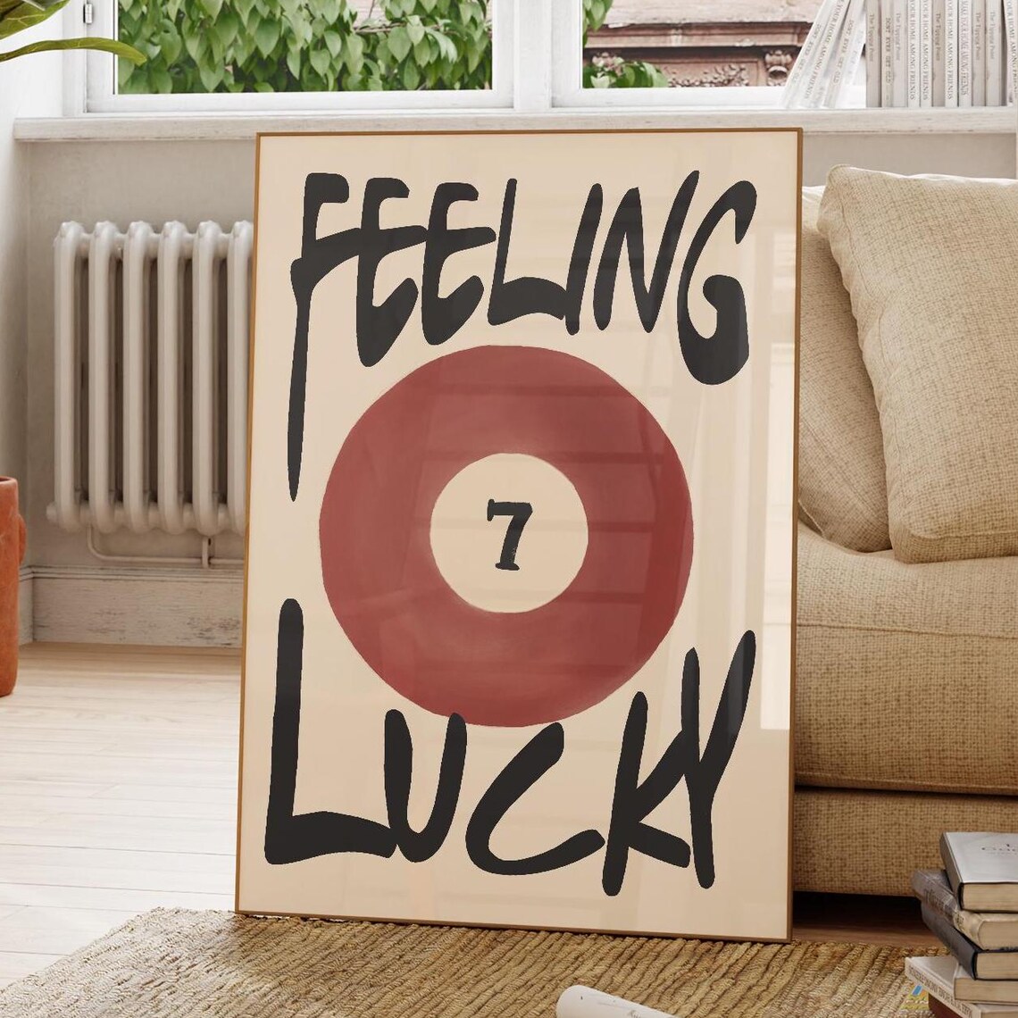 Feeling Lucky Number 7 Maroon Ball Handdrawn Bar Cart Poster