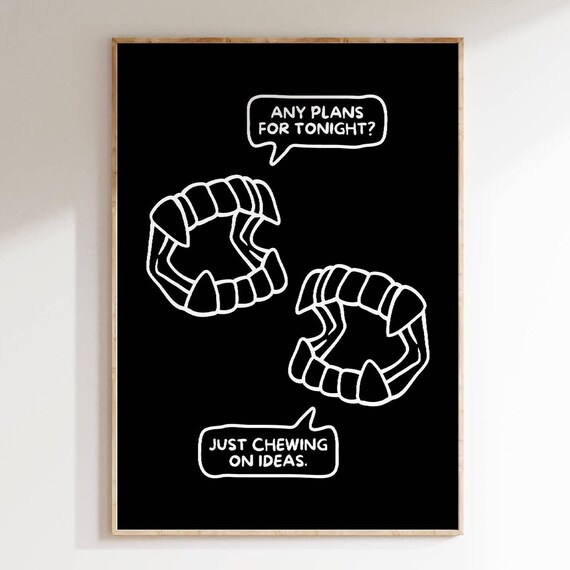 Funny Vampire Fangs Comic Halloween Poster Goth Party Black Wall Decor
