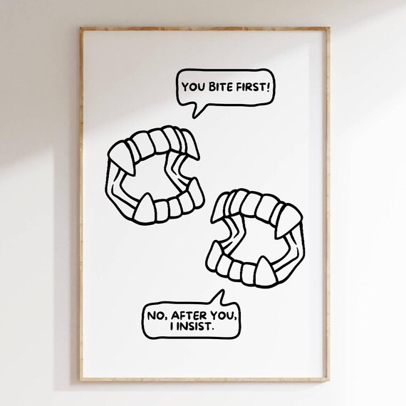 Funny Vampire Fangs Polite Bite Halloween Poster White Gothic Decor